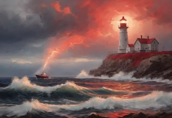 red art, Realistic painting in red tones., (fog:1.2), (the wind carries sea spray and foam:1.7), the dark a stormy sky is illuminated by the red light of the lighthouse, Double exposure effect, (1 Lighthouse on the edge of a cliff:1.5 glows red:1.3505), se...