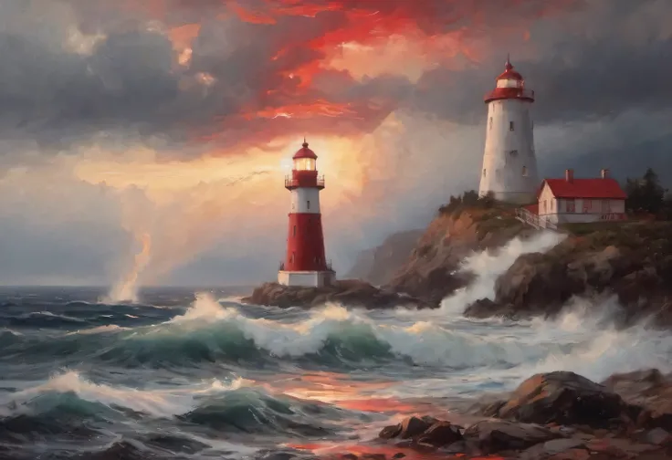 red art, Realistic painting in red tones., (fog:1.2), (the wind carries sea spray and foam:1.7), the dark a stormy sky is illuminated by the red light of the lighthouse, Double exposure effect, (1 Lighthouse on the edge of a cliff:1.5 glows red:1.3505), se...