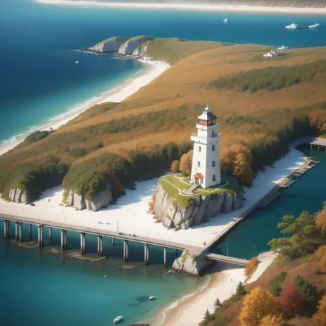 (from above:1.5), (seaside,autumn,:1.2), Wide sea,horizon, There is a small lighthouse on the small bridge, no people,nobody, very detailed, light particle effect, excellent work, extremely elaborate picture description,8k wallpaper, obvious light and shad...