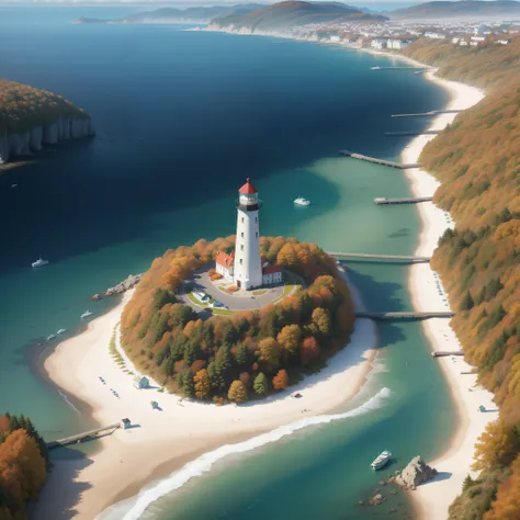 (from above:1.5), (seaside,autumn,:1.2), Wide sea,horizon, There is a small lighthouse on the small bridge, no people,nobody, very detailed, light particle effect, excellent work, extremely elaborate picture description,8k wallpaper, obvious light and shad...