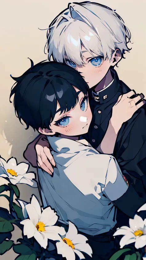 very detailed, ((two friendly boys:1.5)), perfect face, beautiful face, very detailed顔，(black haired boy:1.3)，(white haired boy:1.3)，Ruffled shirt，smile，flower