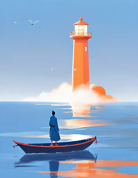 A tall orange lighthouse emits bright light, and in the distance, a blue boat is sailing towards the sky. A person stands on the boat, in the style of Eastern minimalism, presented in the movie 4D. Conceptual art, Shang Dynasty, a peaceful and contemplativ...