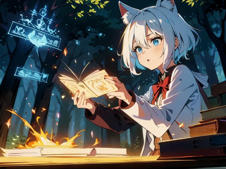 masterpiece, A world where magic and technology coexist, cat ears girl (gray hair, short hair) ，boyish，Hone your skills、Let&#39;s go on a journey to uncover the secrets of power.., beautiful eye、Standing in the forest，fantasy，depicted in detail. The magici...