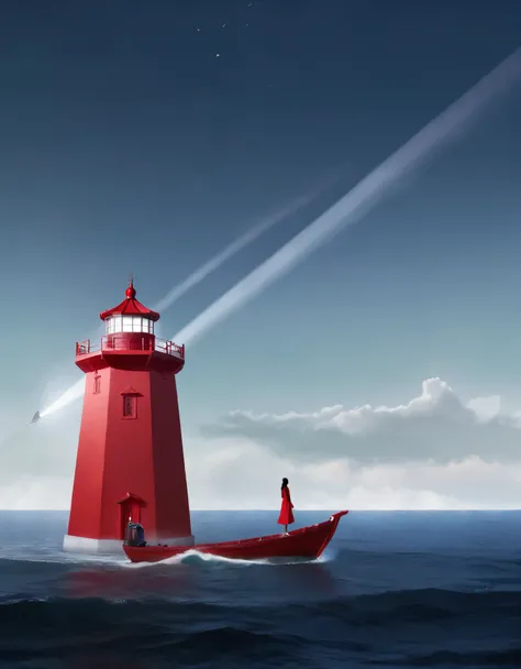 A red lighthouse emits bright light, and in the distance, a boat is sailing towards the sky. A woman stands on the boat, in the style of Eastern minimalism, presented in the movie 4D. Conceptual art, Shang Dynasty, a peaceful and contemplative feeling, min...