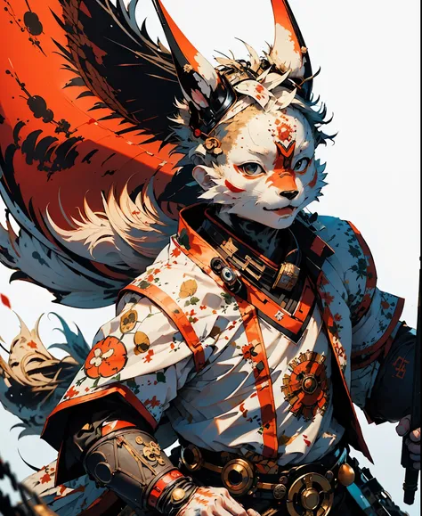 32K UHD QUALITY RESOLUTION, white rabbit, samurai warrior, highly detailed samurai battle armor and sashimono war flag, dynamic battle pose, blood splattered, cherry blossoms blowing in the wind, post apocalyptic feudal Japan background 