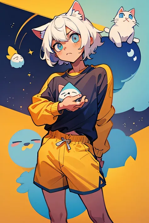 White-haired guy., cat ears, Wearing an egg colored shirt with a cat pattern and shorts..