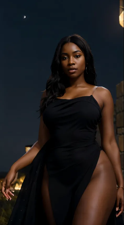 A stunning ebony African woman, radiating sensuality and allure, draped in flowing black fabric that accentuates her curves, posing against a backdrop of a starry night sky, with a crescent moon casting a soft glow, evoking a sense of mystery and romance