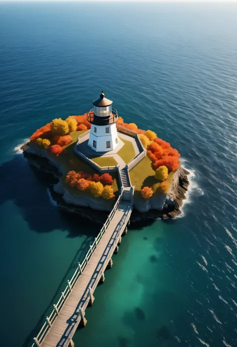 (from above:1.5), (seaside,autumn,:1.2), Wide sea,horizon, There is a small lighthouse on the small bridge, no people,nobody, very detailed, light particle effect, excellent work, extremely elaborate picture description,8k wallpaper, obvious light and shad...