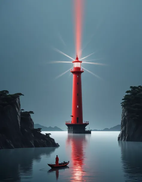 A red lighthouse and boat, emit bright beam，with a person standing on the boat, in an Eastern minimalist style presented in a 4d movie. Conceptual art, Shang Dynasty, a peaceful and contemplative feeling, minimalist stage design