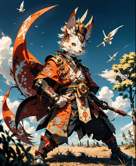 32K UHD QUALITY RESOLUTION, white rabbit, samurai warrior, highly detailed samurai battle armor and sashimono war flag, dynamic battle pose, blood splattered, cherry blossoms blowing in the wind, post apocalyptic feudal Japan background 