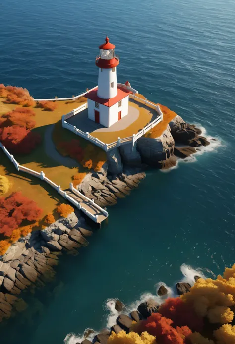 (from above:1.5), (seaside,autumn,:1.2), Wide sea,horizon, There is a small lighthouse on the small bridge, no people,nobody, very detailed, light particle effect, excellent work, extremely elaborate picture description,8k wallpaper, obvious light and shad...