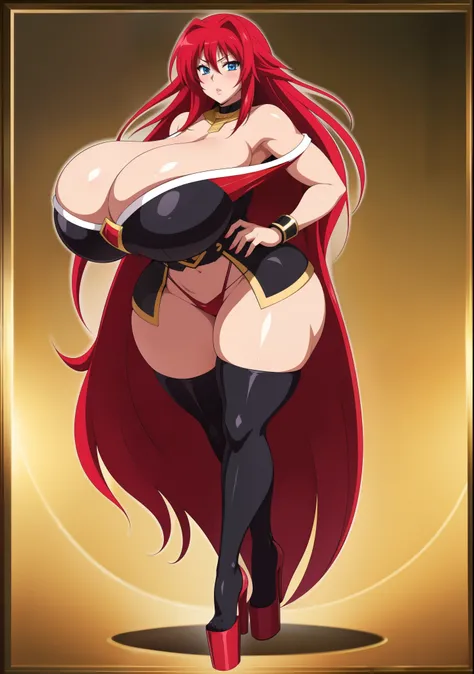 High resolution, rias gremory , 1 girl, ((bimbo))), long red hair, blue eyes, puffy lips, thick lips, wide hips, thick thighs, huge ass, enormous huge gigantic natural breasts, mature mom, muscle girl, subservient face, shiny skin, breasts squeezed togethe...