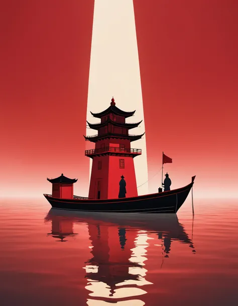 A red lighthouse emitting bright light, a boat, a person standing on the boat, in an Eastern minimalist style, presented in the 4d film, conceptual art, Shang Dynasty, a peaceful and contemplative feeling, minimalist stage design