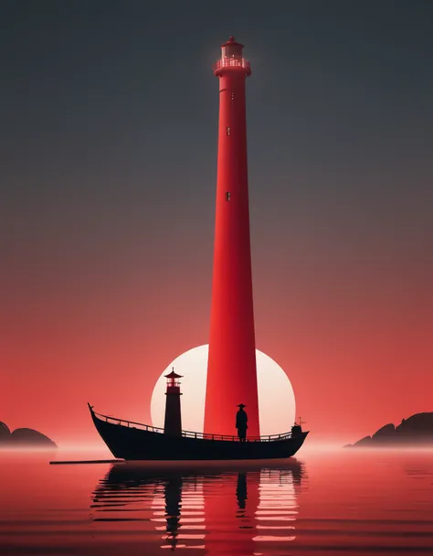 A red lighthouse emitting bright light, a boat, a person standing on the boat, in an Eastern minimalist style, presented in the 4d film, conceptual art, Shang Dynasty, a peaceful and contemplative feeling, minimalist stage design