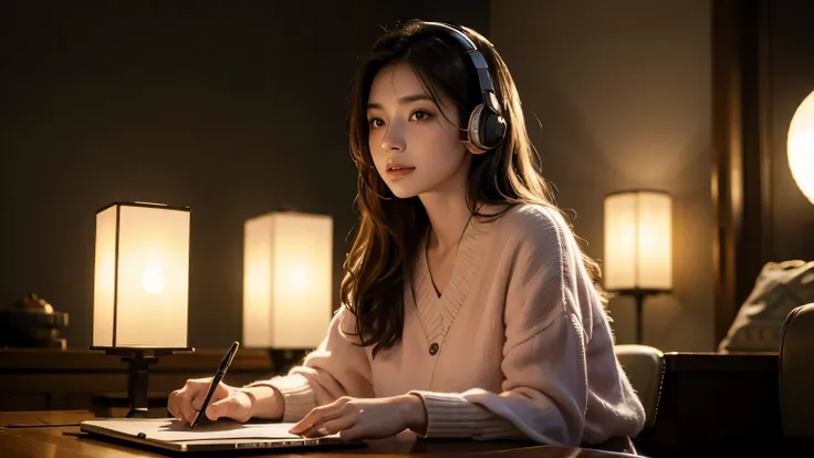 (best quality,4k,8k,highres,masterpiece:1.2),ultra-detailed,(realistic,photorealistic,photo-realistic:1.37),girl with headphones,studying on laptop,cute,Japanese,sitting,side angle,pink silky clothes,portraits,studio lighting,vibrant colors,soft lighting