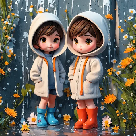 (masterpiece, best quality:1.2),1 ceramic doll，穿着sweater服，sweater，furry texture，hooded clothes，orange schoolbag，wear blue rain b...