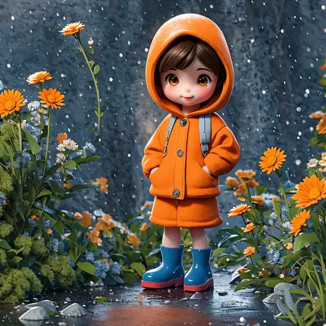 (masterpiece, best quality:1.2),1 ceramic doll，穿着sweater服，sweater，furry texture，hooded clothes，orange schoolbag，wear blue rain b...