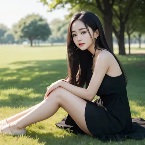 Alafi sits on the grass in a black dress，Legs crossed, nivanh chanthara, dilraba dilmurat, mai anh tran, very low quality, Anime Thai girl, With long hair, imagem de qualidade alta, personal profile picture, dang my linh, A young Asian woman, Fanart, Asian...