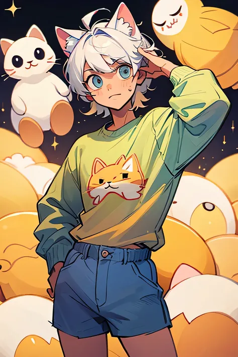 cute, white haired man with cat ears, Wearing an egg colored shirt with a cat pattern and shorts..