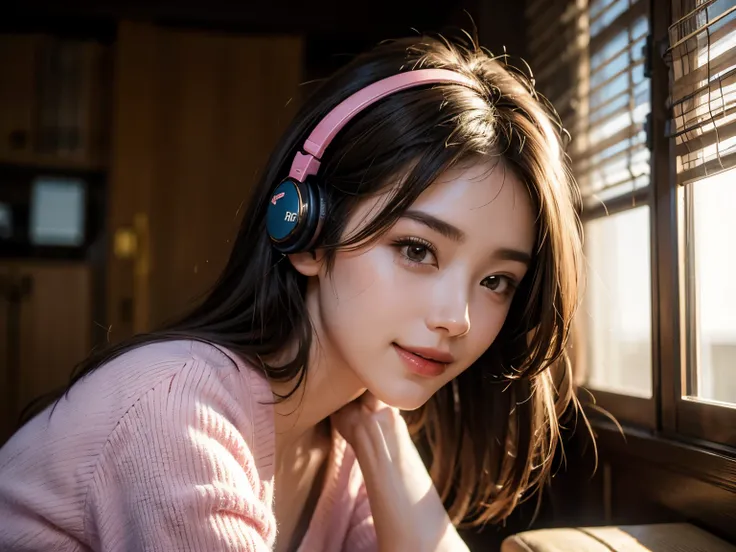 (best quality,4k,8k,highres,masterpiece:1.2),ultra-detailed,(realistic,photorealistic,photo-realistic:1.37),girl with headphones,smiling,cute,Japanese,gamers,sit facing forward,front angle,pink silky clothes,close-up,portraits,studio lighting,vibrant color...