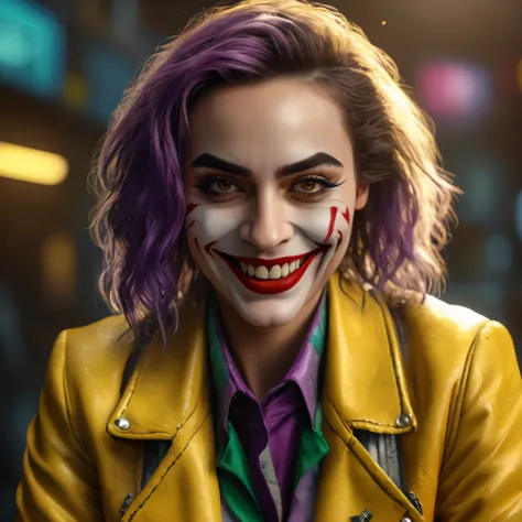 A realistic joker girl wearing yellow jacket and smiling, cinematic, cinematic effects, photography, photorealistic, photorealism, hyperdetailed, illustrations, ultra-realistic, realism, realistic, hyper-realistic, hyperdetailed, detailed face, skin tone, ...