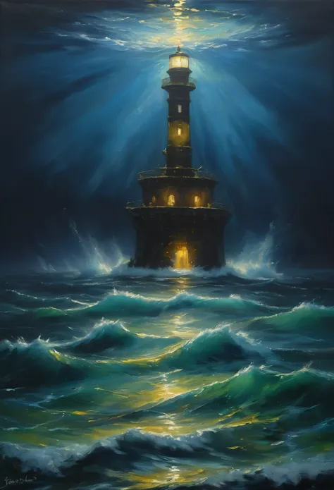 In the center of the sea, there stands a lighthouse, illuminating the surrounding waters. This scene takes place at night, with a blue sky contrasting against the dark ocean. The whole painting exudes a strong oil painting style, with clear layers, as if i...