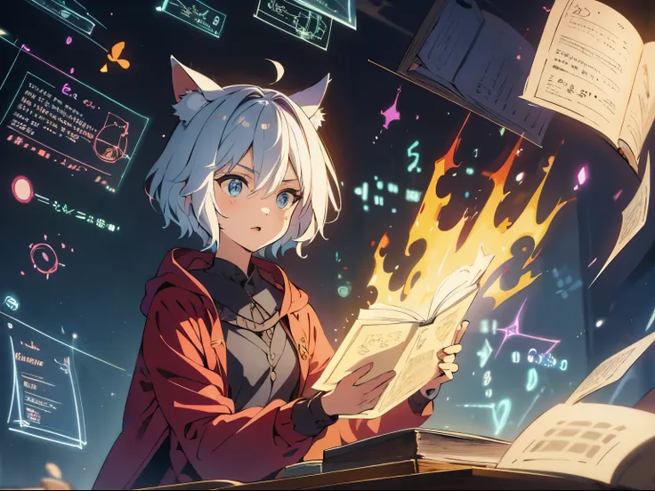 masterpiece, A world where magic and technology coexist, man with cat ears(gray hair, short hair) ，boy，Hone your skills、Let&#39;s go on a journey to uncover the secrets of power.., beautiful eyes、depicted in detail. The magician makes the most of the poten...