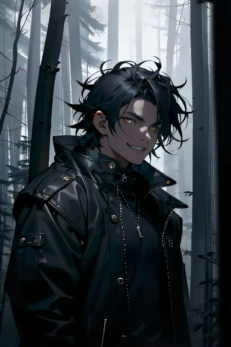 (1 guy)black short disheveled hair, looking over shoulder, portrait, close-up, golden eyes, demonic smile,sharp fangs, black jacket with stand-up collar, gloomy spruce forest, light fog, cinematic, dark colors, horror, masterpiece, high detail, 8k