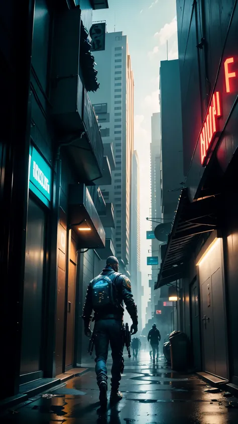 a man walking in a cyberpunk 2077 city after battle, the surroundings are filled with greenery, and the sky is a mix of blue and white hues, (dramatic lighting:1.1), (vibrant colors:1.3), (cell-shaded:1.1), (dynamic composition:1.2), dynamic lines