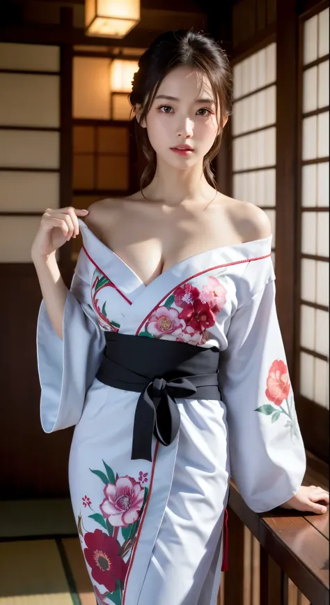 Japanese shrine standing in a snowy landscape, early morning of new year's Day, ((Beautiful Japanese girl wearing furisode for New Year celebration, Floral, fur part)), alone, (realistic:1.4), masterpiece, highest quality, 8k, ultra high resolution, co...