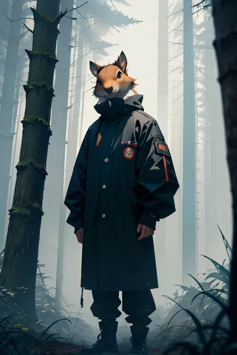 squirrel-headed man, full-length,looking at the camera,grunge clothes,gloomy fir forest,light fog, cinematic, dark colors, horror,masterpiece, high detail,8k