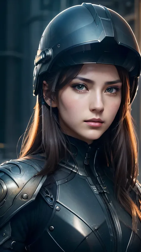 close up of face､masterpiece,  最high quality, , (alone), 1 girl, look up, dim light, , horizon_(apex legend), goggles, black eye, brown hair, gauntlet, armor,  (wear a helmet), (science_fiction), outdoors, street, neon light, cyber punk, masterpiece, 最high...