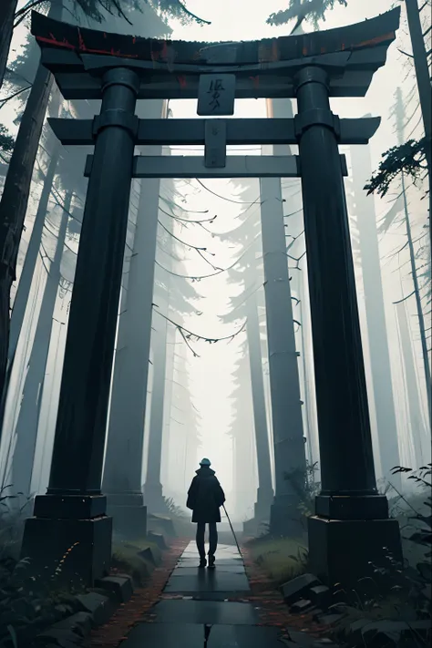 guy from back, full-length, standing in front of torii gate,black grunge clothes, gloomy spruce forest, light fog, cinematic, dark colours, horror, masterpiece, high detail, 8k