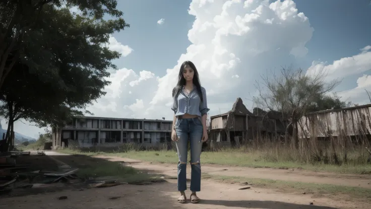 Thai Woman, look at viewer, long hair, shirt, jeans, cloud, day, sky,outdoors, post-apocalypse, ruins, scenery, tree, water,