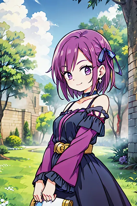 kisho, jigokuraku, 1 girl, purple hair, hair ribbon, fantasy world, ruins, fort, beautiful sky, shining sky, sunshine, smiling, waving, belt, choker, wind blowing dress, lace dress, earrings, off-shoulder sleeves