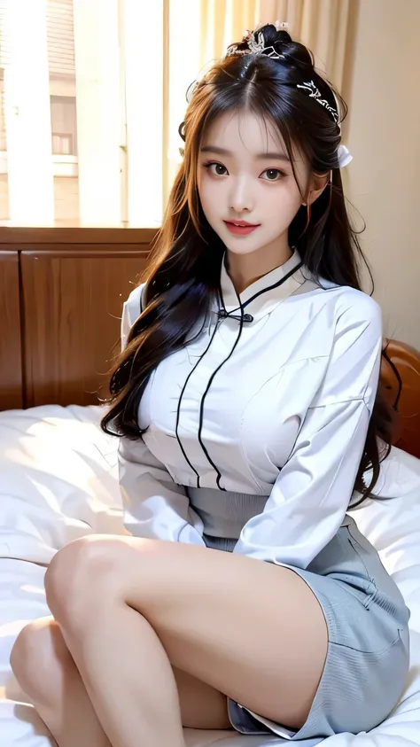 Chinese busty girl, cute face, hapiness, long hair, impressive hairstyle, wearing a headdress，A pair of bright and reverent eyes，Eyebrows are slender and elegant，Slightly curved eyebrows exude confidence and charm。Her nose is small and three-dimensional，Ve...