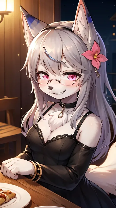 (fluffy anthro furry :1.8),(young :1.6),light grey cat girl,small breasts,pink eyes,glowing eyes,light grey long hair,wavy hair,messy hair,chain collar,iron bracelet with chain,glasses,flower hairpin,black dress with chain,shoulderless,sleeveless,elegant d...