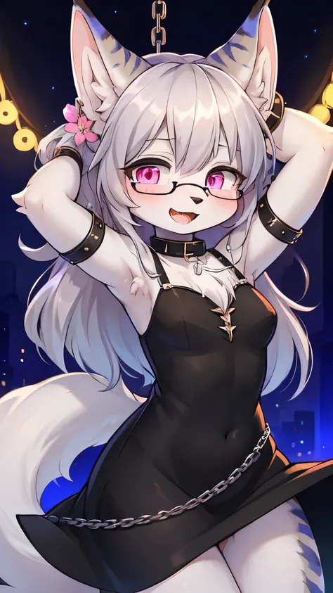 (fluffy anthro furry :1.8),(young :1.6),light grey cat girl,pink eyes,glowing eyes,light grey long hair,wavy hair,messy hair,light grey body fur,chain collar,iron bracelet with chain,glasses,flower hairpin,black cute dress,shoulderless,sleeveless,elegant d...