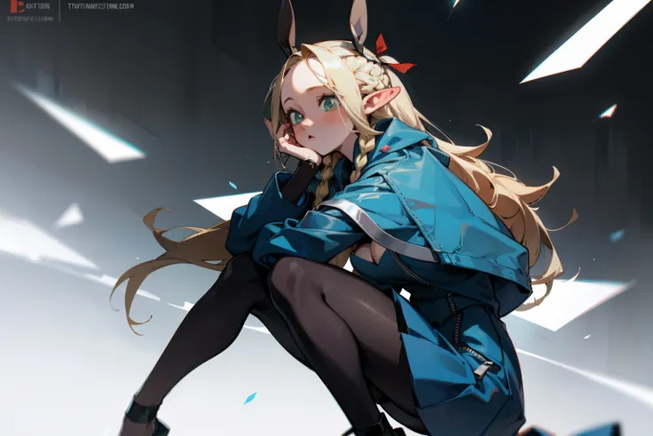 (masterpiece, best quality) detailed, 1character , blue archive art style , Wearing black tights, silver accessories , zip up , blonde ,elegant, pointed ears ,bunny girl costume