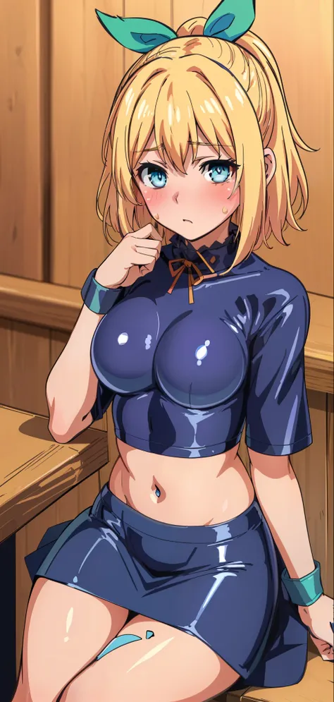 best quality, (masterpiece:1.2), detailed, medieval,
Rumia Tingel,
1girl, solo, ((blush)),
medium hair, blonde hair, short ponytail, blue eyes, green bow, x hair ornament,
((( blue eyes, ultra-detailed eyes))),
Dynamic pose, ((blush)), medium breasts,  med...