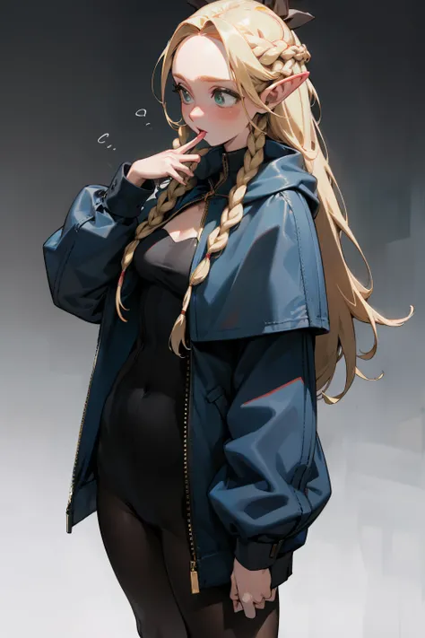 (masterpiece, best quality) detailed, 1character , blue archive art style , Wearing black tights, silver accessories , zip up , blonde ,elegant, pointed ears ,bunny girl costume