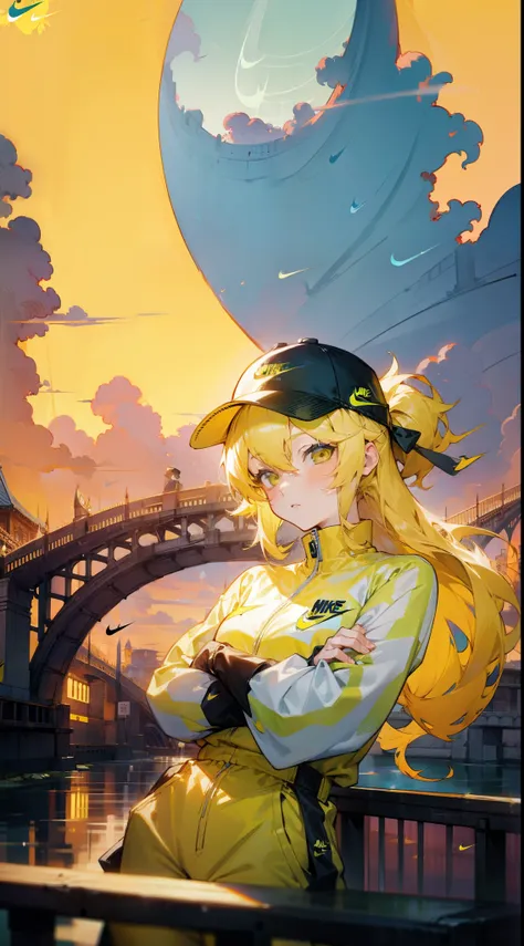 ((girl wearing yellow nike outfit) :1.5), (pants), (black cap), blonde hair, (arms crossed), ((a bridge over a river) :1.5), sty...