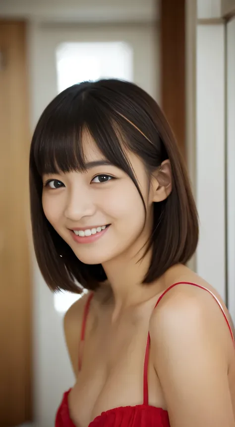 masterpiece,best quality,(Japanese ),((Beautiful girl)),cleavage,indoor,(perfect body beauty:1.2),(shy smile),beautiful teeth,