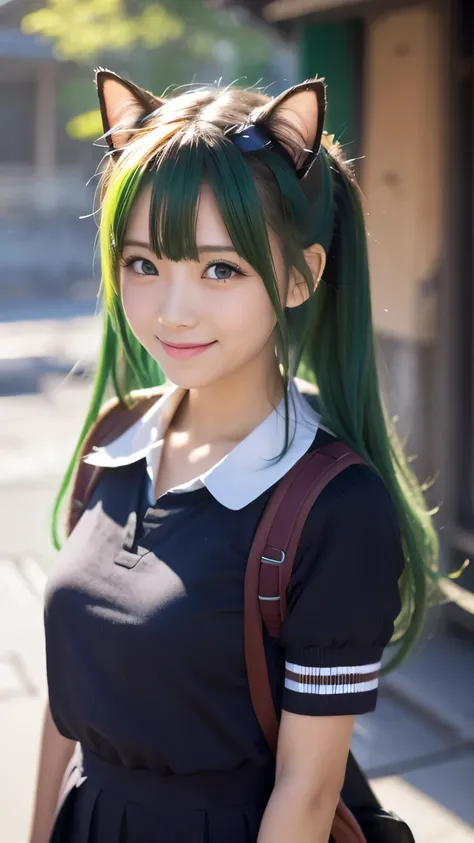 Masterpiece, 4K, bokeh, multiple girls, (Japanese idle:1.6), light smile, harem, group picture, cat ears, rucksack, long hair, green hair, green eyes, school uniform, classroom, 