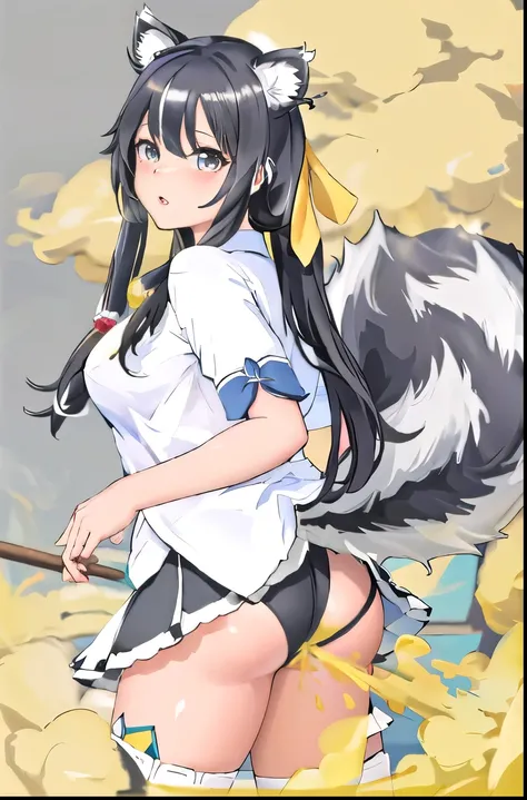 masterpiece, highest quality, (fart, farting, Yellow gas, 顔farting:1.3), ((お尻からのfart)), yellow smoke, (((skunk girl))), black hair, (((skunk tail))), (((big tail))), の上e tailed, (Skirt tail), animal ears