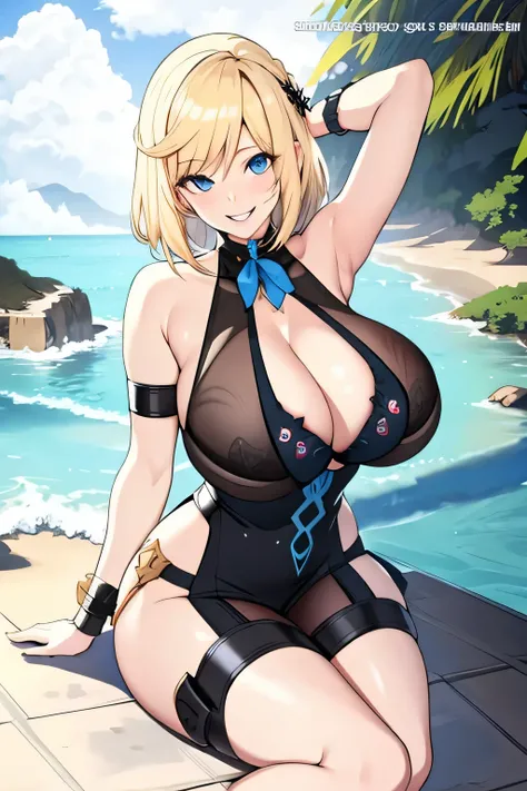 blonde hair, black colored dress, blue eyes, gigantic breasts, cleavage, bare legs, smiling