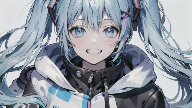 (((no background))),masterpiece, high quality, High resolution,hatsune miku,twin tails,Super detailed, 8k, 1 girl,A big smile,grin eyes,body whole,dynamic pose,platinum gray hair, blue hair, colorful hair, gradient hair, looking at the viewer, colorful eye...