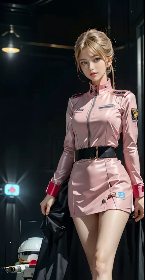 woman in federal army uniform, wearing a space cadet costume, white base crew, ポートレート アニメ フラウ・ボゥ girl, miniskirt bare legs、Inspired by Ren Mei, , pink uniform,Gundam world、Universal Century、 sci-fi suit, cyberpunk 2 0 7 7 wearing jacket, Bundeswehr costume...