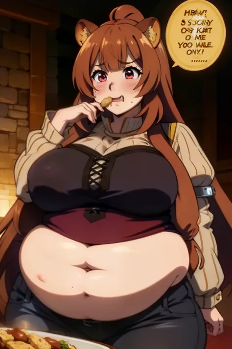 Raphtalia fat, force feed, obese, fat, fatter, round, rotund, cursed, food in the hands, grab belly, overeating, stuffed raccoon, burp, burping, scared, red suit, massive fat, huge fat, glutton, gluttony, gluttonous, voracious, force feeding, fliying food