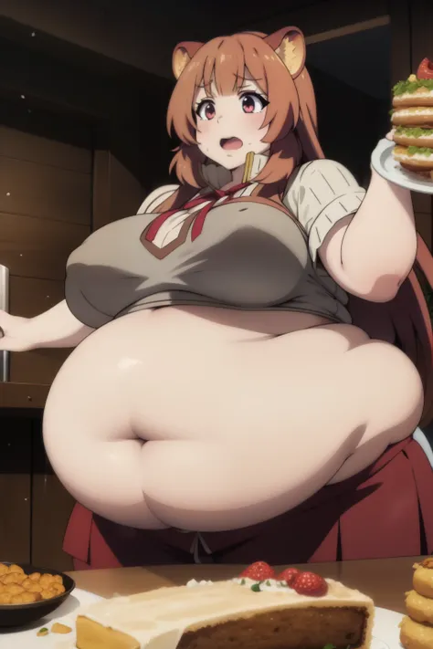 Raphtalia fat, force feed, obese, fat, fatter, round, rotund, cursed, food in the hands, grab belly, overeating, stuffed raccoon, burp, burping, scared, red suit, massive fat, huge fat, glutton, gluttony, gluttonous, voracious, force feeding, fliying food